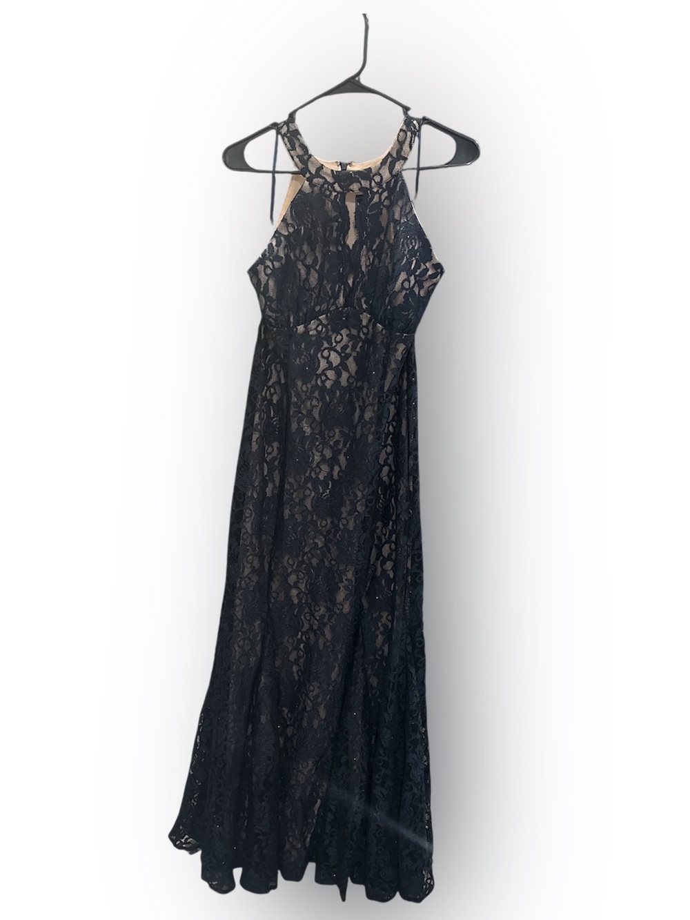 Night Way Collections Dark Blue Lace Maxi Dress with Nude Lining